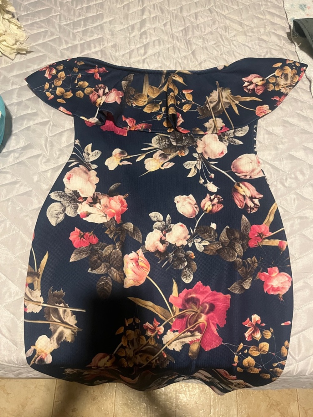 ASOS Off Shoulder Floral Bodycon Midi Dress Navy Pink Size 6| Wedding Guest - Picture 5 of 6